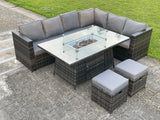 Fimous Outdoor Rattan Garden Corner Furniture Gas Fire Pit Table Sets Gas Heater Lounge Small Footstools Dark Grey Mixed 8 Seater