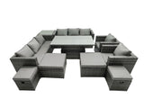 Fimous Rattan Dining Table Sofa Set with Side Table 2 Armchair 4 Stools Outdoor 12 Seat Garden Furniture Set Dark Grey Mixed
