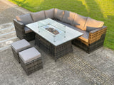 Fimous Outdoor Rattan Garden Corner Furniture Gas Fire Pit Table Sets Gas Heater Lounge 2 Small Footstools Dark Grey 8-Seater