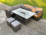 Fimous Outdoor Rattan Garden Corner Furniture Gas Fire Pit Table Sets Gas Heater Lounge 2 Small Footstools Dark Grey 8-Seater