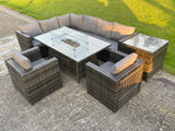 Fimous Outdoor Rattan Garden Corner Furniture Gas Fire Pit Dining Table Gas Heater Sets Lounge Chairs Side Coffee Table Dark Grey 8 Seater