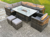 Fimous Outdoor Rattan Garden Furniture Corner Sofa Set Gas Fire Pit Table Sets Gas Heater Lounge Small Footstools Chair Dark Grey 9 Seater