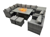Fimous Rattan Garden Furniture Dining Set 10 seater Gas Firepit Dining Table Corner Sofa Set with 2 Small Stool Side Table  Dark Grey Mixed