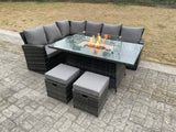 Fimous High Back Rattan Garden Furniture Sets Gas Fire Pit Dining Table Set Gas Heater Left Corner Sofa Small Footstools 8 Seater