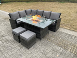 Fimous High Back Rattan Garden Furniture Sets Gas Fire Pit Dining Table Set Gas Heater Left Corner Sofa Small Footstools 8 Seater