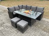 Fimous High Back Rattan Garden Furniture Sets Gas Fire Pit Dining Table Set Gas Heater Left Corner Sofa Small Footstools 8 Seater