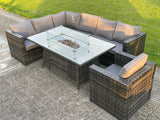 Fimous Outdoor Corner Rattan Garden Furniture Set Gas Fire Pit Table Sets Gas Heater Lounge Chair Dark Grey 7 Seater