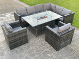 Fimous Outdoor Rattan Garden Furniture Corner Sofa Burner Gas Fire Pit Table Sets Gas Heater Lounge Chairs Dark Grey 8 Seater