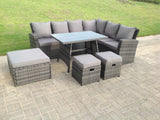 Fimous 9 Seater High Back Rattan Garden Furniture Set Corner Sofa With Oblong Dining Table Big And Small Stool