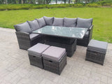 Fimous High Back Corner Rattan Garden Furniture Sofa Rising Dining Table Height Adjustable 9 Seater 3 Small Foot Stools