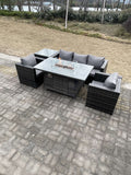 Fimous Outdoor PE Rattan Garden Furniture Gas Fire Pit Dining Table Armchairs With Side Coffee Table Dark Grey Mixed