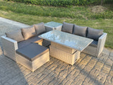 Fimous Rattan Garden Funiture Set Adjustable Rising Lifting Table Sofa Dining Set With Side Coffee Tea Table Footstool
