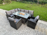 Fimous Outdoor Rattan Corner Sofa Garden Furniture High Back Sofa Set Gas Fire Pit Dining Table Gas Heater Burner 2 Arm Chair 8 Seater