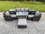 Fimous Rattan Wicker Garden Furniture Patio Conservatory Sofa Set with Rectangular Dining Table Reclining Chair 3 Seater Sofa 3 Footstools 2 Side Tables 8 Seater