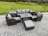 Fimous Rattan Wicker Garden Furniture Patio Conservatory Sofa Set with Rectangular Dining Table Reclining Chair 3 Seater Sofa 3 Footstools 2 Side Tables 8 Seater