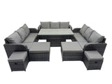 Fimous Rattan Garden Furniture Dining Set 13 seater Patio Height Adjustable Rising Lifting Table Sofa Set with 4 Footstools Dark Grey Mixed