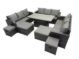 Fimous Rattan Garden Furniture Dining Set 13 seater Patio Height Adjustable Rising Lifting Table Sofa Set with 4 Footstools Dark Grey Mixed