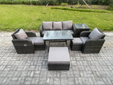 Fimous 8 Seater Rattan Wicker Garden Furniture Patio Conservatory Sofa Set with Rectangular Dining Table Reclining Chair 3 Seater Sofa 3 Footstools Side Table