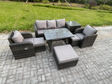 Fimous 8 Seater Rattan Wicker Garden Furniture Patio Conservatory Sofa Set with Rectangular Dining Table Reclining Chair 3 Seater Sofa 3 Footstools Side Table