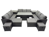 Fimous Rattan Garden Furniture Dining Set 13 seater Patio Height Adjustable Rising Lifting Table Sofa Set with 2 Side Tables Dark Grey Mixed