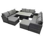 Fimous Rattan Garden Furniture Dining Set 11 seater Patio Height Adjustable Rising Lifting Table Sofa Set with 2 Big Footstools Dark Grey Mixed