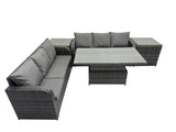 Fimous Rattan Garden Furniture Dining Set 6 seater Patio Height Adjustable Rising Lifting Table Sofa Set with 2 Side Table Dark Grey Mixed