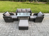 Fimous 8 Seater Rattan Wicker Garden Furniture Patio Conservatory Sofa Set with Rectangular Dining Table Reclining Chair 3 Seater Sofa 3 Footstools