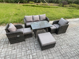Fimous 8 Seater Rattan Wicker Garden Furniture Patio Conservatory Sofa Set with Rectangular Dining Table Reclining Chair 3 Seater Sofa 3 Footstools
