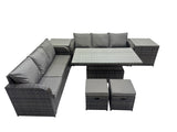 Fimous Rattan Garden Furniture Dining Set 8 seater Patio Height Adjustable Rising Lifting Table Sofa Set with 2 Side Table 2 Small Footstools Dark Grey Mixed