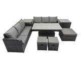 Fimous Rattan Garden Furniture Dining Set 9 seater Patio Height Adjustable Rising Lifting Table Sofa Set with 2 Side Table 3 Footstools Dark Grey Mixed