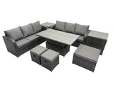 Fimous Rattan Garden Furniture Dining Set 9 seater Patio Height Adjustable Rising Lifting Table Sofa Set with 2 Side Table 3 Footstools Dark Grey Mixed