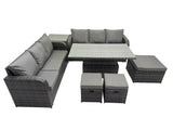 Fimous Rattan Garden Furniture Dining Set 9 seater Patio Height Adjustable Rising Lifting Table Sofa Set with Side Table 3 Footstools Dark Grey Mixed