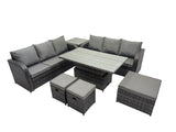 Fimous Rattan Garden Furniture Dining Set 9 seater Patio Height Adjustable Rising Lifting Table Sofa Set with Side Table 3 Footstools Dark Grey Mixed