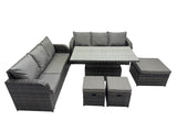 Fimous Rattan Garden Furniture Dining Set 9 seater Patio Height Adjustable Rising Lifting Table Sofa Set with 3 Footstools Dark Grey Mixed