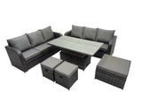 Fimous Rattan Garden Furniture Dining Set 9 seater Patio Height Adjustable Rising Lifting Table Sofa Set with 3 Footstools Dark Grey Mixed