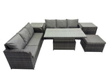 Fimous Rattan Garden Furniture Dining Set 7 seater Patio Height Adjustable Rising Lifting Table Sofa Set with 2 Side Table Dark Grey Mixed