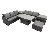 Fimous Rattan Garden Furniture Dining Set 7 seater Patio Height Adjustable Rising Lifting Table Sofa Set with 2 Side Table Dark Grey Mixed