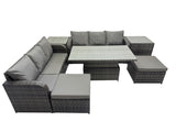Fimous Rattan Garden Furniture Dining Set 8 seater Patio Height Adjustable Rising Lifting Table Sofa Sets with 2 Side Table 2 Big Footstool Dark Grey Mixed