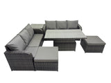Fimous Rattan Garden Furniture Dining Set 8 seater Patio Height Adjustable Rising Lifting Table Sofa Sets with Side Table 2 Big Footstool Dark Grey Mixed