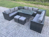 Fimous Outdoor PE Wicker Garden Furniture Rattan Lounge Sofa Set Patio Rectangular Dining Table with 2 Small Footstool 2 Side Table 11 Seater Dark Grey Mixed