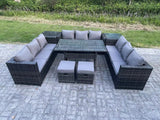 Fimous Outdoor PE Wicker Garden Furniture Rattan Lounge Sofa Set Patio Rectangular Dining Table with 2 Small Footstool 2 Side Table 11 Seater Dark Grey Mixed
