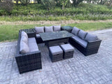 Fimous Outdoor PE Wicker Garden Furniture Rattan Lounge Sofa Set Patio Rectangular Dining Table with 2 Small Footstool 2 Side Table 11 Seater Dark Grey Mixed