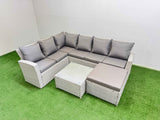 Fimous Outdoor Rattan Garden Furniture Set 7 Seater Corner Sofa Sets with Square Coffee Table Big Footstool Light Grey Mixed