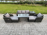 Fimous Outdoor Garden Furniture Sets 7 Pieces Wicker Rattan Furniture Sofa Sets with Rectangular Dining Table 2 Big Footstool Side Table