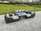 Fimous Outdoor Garden Furniture Sets 7 Pieces Wicker Rattan Furniture Sofa Sets with Rectangular Dining Table 2 Big Footstool Side Table