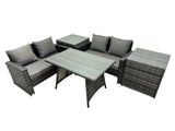 Fimous 4 Seater Wicker PE Rattan Furniture Outdoor Dining Table Double Seat Sofa 2 Side Table Sets Dark Grey Mixed