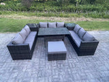 Fimous Outdoor PE Wicker Garden Furniture Rattan Lounge Sofa Set Patio Rectangular Dining Table with Big Footstool 2 Side Table 10 Seater Dark Grey Mixed