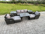 Fimous Outdoor Garden Furniture Sets 8 Pieces Wicker Rattan Furniture Sofa Sets with Rectangular Dining Table 2 Big Footstool 2 Side Tables