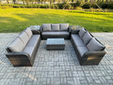 Fimous Rattan Lounge Sofa Set 9 Seater Outdoor Garden Furniture Set with Rectangular Coffee Table 3 Seater Sofa 2 Side Tables Dark Grey Mixed