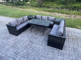 Fimous Wicker Outdoor Garden Furniture Rattan Lounge Sofa Set Patio Rectangular Dining Table with 2 Side Table 9 Seater Dark Grey Mixed